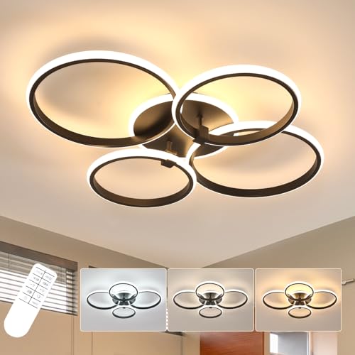 Comely LED Deckenlampe Moderne 69CM 4-Ringe Design, 39W LED Deckenleuchte Dimmbar mit Fernbedienung, Schwarz Runde Deckenleuchten für Schlafzimmer Wohnzimmer Esszimmer von Comely