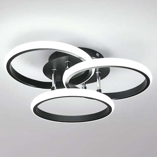 Comely LED Deckenlampe Schwarz 40cm, 40W Moderne 3-Ring Deckenleuchte für Wohnzimmer, Schlafzimmer, Flur, Kaltesweiß 6500K, Energiesparend, Aluminium von Comely