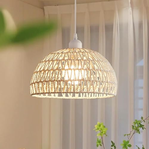 Comely Pendelleuchte Rattan, Boho Hängelampe Esszimmer mit E27 Lampefassung, Handgeflochtener Rattan Lampenschirm, Geeignet für Schlafzimmer Wohnzimmer Flur Küche, Weiß von Comely