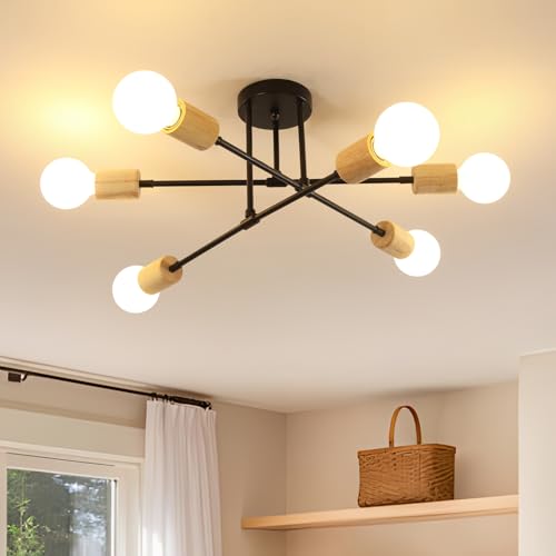 Comely Retro Deckenleuchte Schlafzimmer, 6 Flammig E27 Schwarz Sputnik Kronleuchter, Vintage Metall Deckenlampe mit Holzbecher für Wohnzimmer Esszimmer Flur von Comely