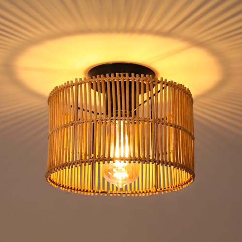 Comely Vintage Boho Rattan Lampe Deckenleuchte, Rustikale Vintage Deckenlampe, Korblampenschirm – E27 Brauner Natürlicher Rattan Lampenschirm für Wohnzimmer, Schlafzimmer, Esszimmer, Flur, Küche von Comely