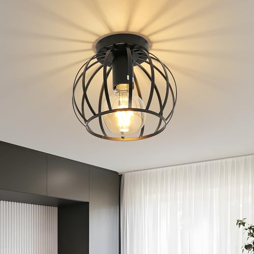 Comely Deckenleuchte Vintage, Industrial Kronleuchter Schwarz Metall in Käfigform, Retro Deckenlampe E27 Hängelampe Lampenschirm für Schlafzimmer, Wohnzimmer, Eingang, Balkon, Flur von Comely