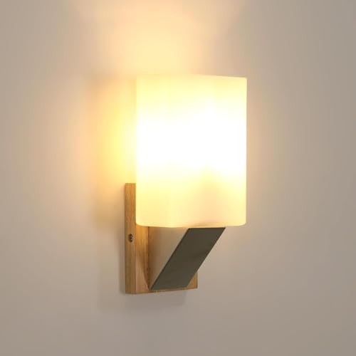 Comely Wandleuchte Innen Holz, Vintage Wandlampe mit Lampenschirm aus Glas, Wandbeleuchtung Industrial innen für Wohnzimmer Schlafzimmer Flur Treppe von Comely
