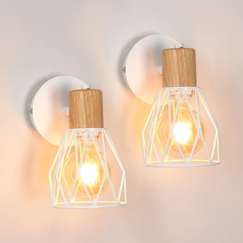 Comely Weiße Holz & Metall-Käfig Wandleuchte - 2er Set, 14,5x12x18cm, E27, Landhausdesign, ohne Leuchtmittel von Comely