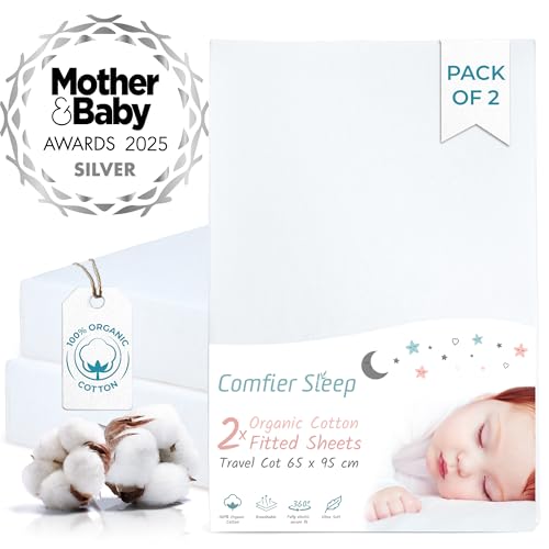Moseskorb-Spannbettlaken aus 100% komplett natürlicher Bio-Baumwolle 95 x 65 cm Moseskorb-Spannbettlaken in Weiss Farbe 2er-Set Ultraweich und Bequem für Ihr Baby von Comfier Sleep