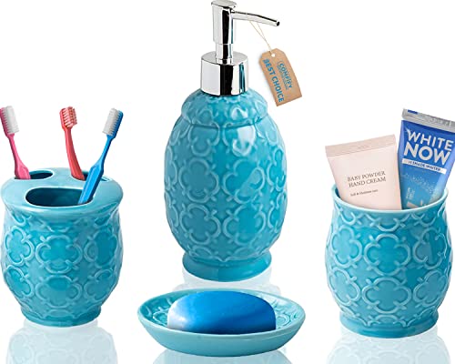 Comfify Designer 4 Keramik Bad Zubehör Set | Inklusive Flüssigseife Oder Lotion Spender w/Zahnbürstenhalter, Becher, Seifenschale | Marokkanische-Gitter Blau von Comfify