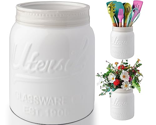 Comfify Französischer Keramik-Utensilienhalter - Vintage Style Kochgeschirr Caddy - Antikes Design - Kochgeschirr Organizer - Rustikales französisches Landhausgeschirrtopf für Kochfreunde - Weiß von Comfify