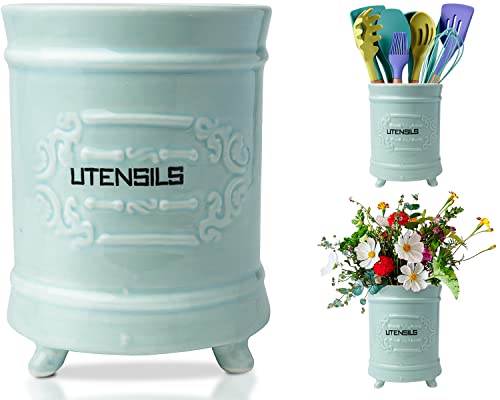 Comfify Französischer blauer Keramik-Utensilienhalter - Vintage Style Kochgeschirr Caddy - Antikes Design - Kochgeschirr Organizer - Rustikales französisches Landhausgeschirrtopf für Kochfreunde von Comfify