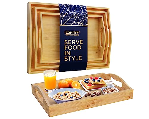 Comfify Rustikale Bambus Serviertabletts aus Holz mit Griff - 3er-Set - Großes, mittleres und kleines verschachteltes Serviertablett - zum Frühstück, als Couchtisch-Butler, Serviertablett - Natürlich von Comfify