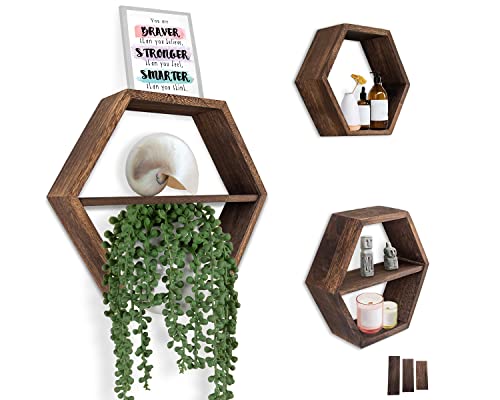 Comfify Rustikales Schweberegal Hexagon - 3er-Set - Groß, Mittel und Klein - Schrauben und Dübel inklusive - Landhausregale für Schlafzimmer, Wohnzimmer und mehr - Wabenwanddekorationen - Braun von Comfify