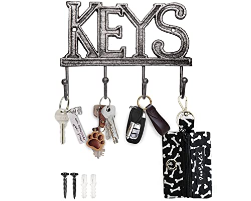 Comfify Schlüsselbrett - Keys - Wandmontierter Schlüsselhaken - Rustikaler Schlüsselorganizer aus Gusseisen - Dekoratives Schlüsselregal mit 4 Haken - mit Schrauben und Dübeln - 6''x8'' von Comfify