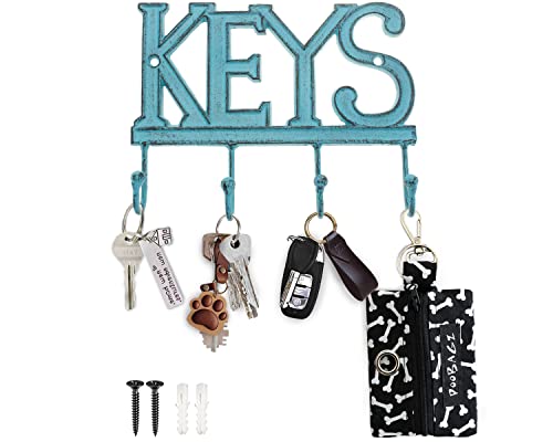 Comfify Schlüsselhalter Keys - Wandmontierter Westernschlüsselhalter | 4 Schlüsselhaken | Dekoratives Gusseisen-Schlüsselbrett | mit Schrauben und Dübeln - 15,2 x 20,3 cm - CA-1506-04 (Rustic Blue) von Comfify