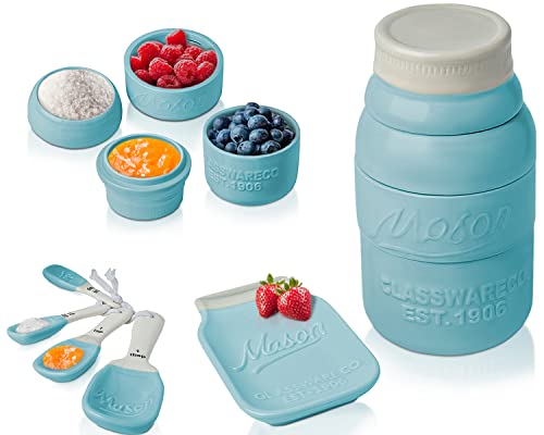 Comfify Vintage Küchenset - Mehrteiliges Küchenkeramik-Dekor-Set mit 4 Messbechern, 4 Messlöffeln und Löffelauflage - Attraktiver Vintage-Wasserblau - geprägtes Keramik von Comfify