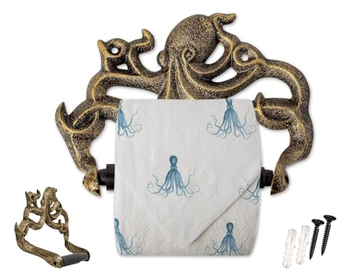 Dekorativer Toilettenpapierrollenhalter aus Gusseisen, Oktopus-Dekor für Badezimmer, Kraken, nautisches Badezimmerzubehör, mitgelieferten Schrauben und Dübeln – Gold & Schwarz von Comfify