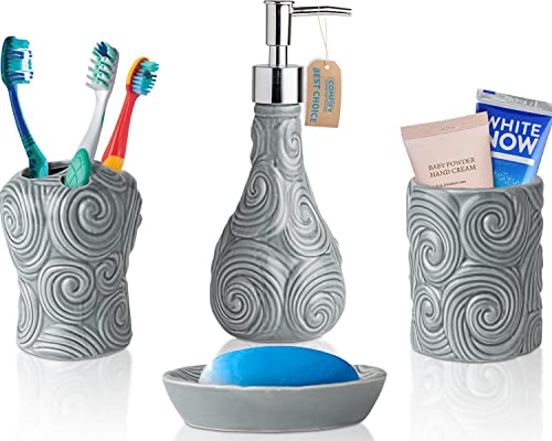 Designer 4-TLG. Bad-Accessoire-Set - Keramik-Bad-Set mit Flüssigseifen- oder Lotion-Spender, Zahnbürstenhalter, Becher und Seifenschale - Dekoratives Set mit geprägten Details - Ozeanwellen, Grau von Comfify