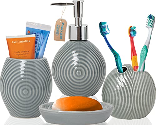 Designer 4-TLG. Bad-Accessoire-Set - Keramik-Bad-Set mit Flüssigseifen- oder Lotion-Spender, Zahnbürstenhalter, Becher und Seifenschale - Dekoratives Set mit geprägten Details - Vanity-Accessoire von Comfify