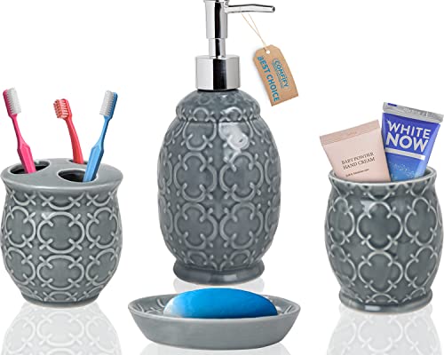 Designer 4-TLG. Bad-Accessoire-Set - Keramik-Bad-Set mit Flüssigseifen- oder Lotion-Spender, Zahnbürstenhalter, Becher und Seifenschale - Dekoratives Set mit geprägten Details - Vanity-Accessoire von Comfify