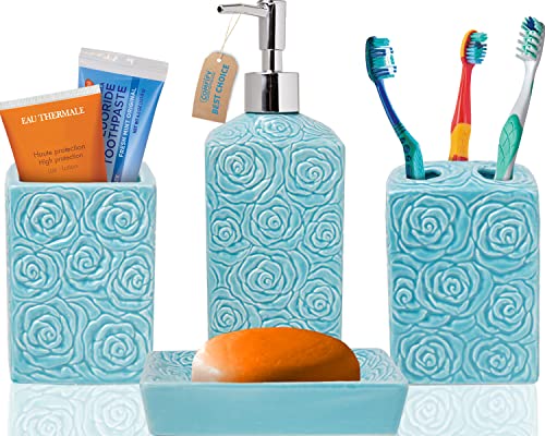 Designer 4-TLG. Bad-Accessoire-Set - Keramik-Bad-Set mit Flüssigseifen- oder Lotion-Spender, Zahnbürstenhalter, Becher und Seifenschale - Dekoratives Set mit geprägten Details - Vanity-Accessoire von Comfify