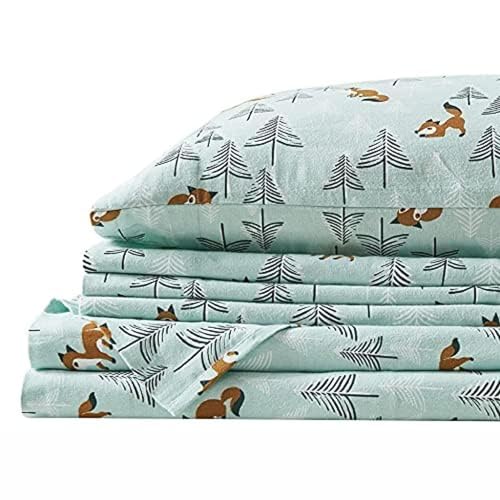 Comfort Spaces Baumwolle Flanell Atmungsaktiv Warme Tiefe Taschen Bettlaken mit Kissenbezug Bettwäsche, Full, Seafoam Foxes 4 Stück von Comfort Spaces