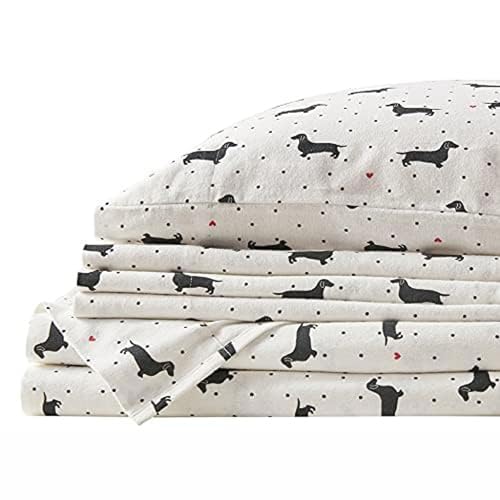 Comfort Spaces Baumwoll-Flanell-Bettlaken mit Kissenbezug, atmungsaktiv, warm, tief, für Doppelbett, XL, schwarzer Hund, 3-teilig von Comfort Spaces