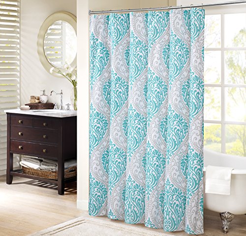 Comfort Spaces Coco Bathroom Shower Printed Damask Pattern Modern Cute Microfiber Fabric Bath Curtains, 72"x72", Teal/Grey von Comfort Spaces