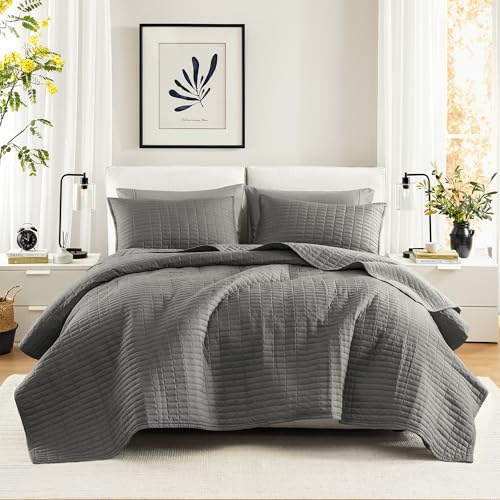 Comfort Spaces Kienna Set – luxuriöses doppelseitiges Näh-Design Ganzjahresdecke, leicht, Tagesdecke, Bettwäsche, passende Kissenbezüge, Mikrofaser, Dunkelgrau, Quilt King/Cal King(104"x90"), 3 von Comfort Spaces