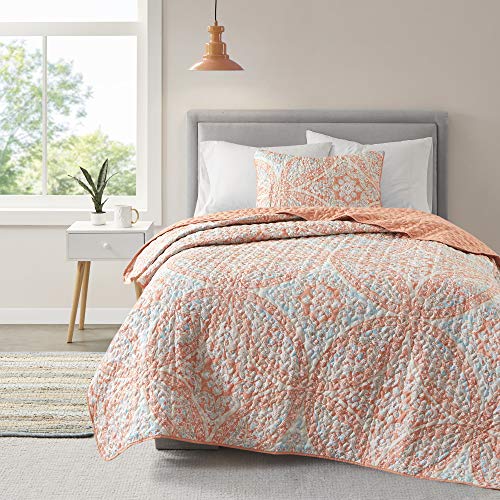 Comfort Spaces Reversible Quilt Set-Double Sided Vermicelli Stitching Design All Season, Lightweight, Coverlet Bedspread Bedding, Matching Shams, Twin/Twin XL(66"x90"), Gloria, Damask Coral 2 Piece von Comfort Spaces