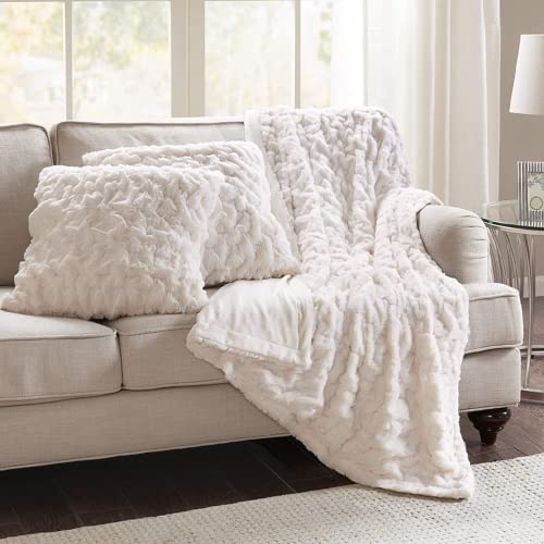 Comfort Spaces Ruched Faux Fur Plush 3 Piece Throw Blanket Set Ultra Soft Fluffy with 2 Square Pillow Covers, 50"x60", Ivory von Comfort Spaces