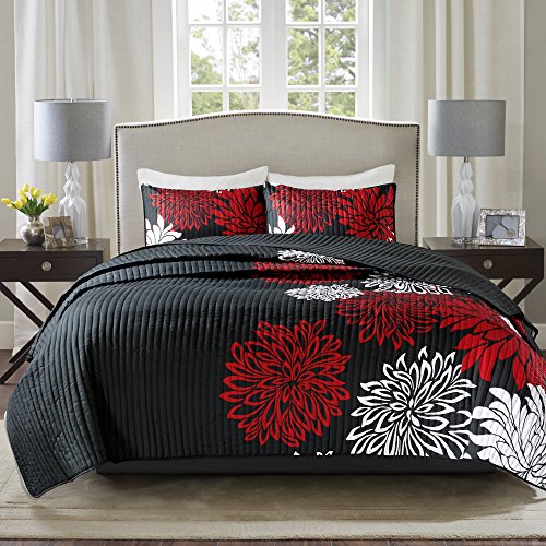 Comfort Spaces Steppdecke, Tagesdecke, ultraweich, Blumenmuster, Bettwäsche-Set King schwarz/rot von Comfort Spaces