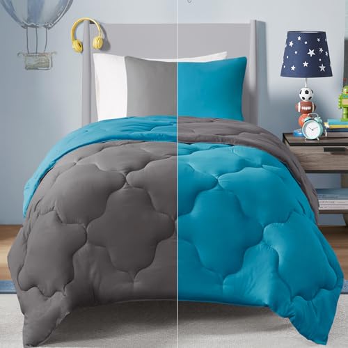 Comfort Spaces Vixie 2 Piece Comforter Set All Season Reversible Goose Down Alternative Stitched Geometrical Pattern Bedding, Twin/Twin XL, Teal/Grey von Comfort Spaces