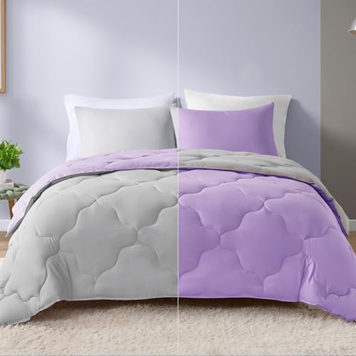 Comfort Spaces Vixie Reversible Comforter Set-Modern Geometric Quaterfoil Cloud Quilted Design All Season Down Alternative Bedding, Matching Shams, Full/Queen(90"x90"), Lavender von Comfort Spaces