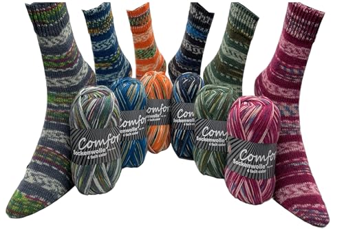 Sockenwolle Strumpfwolle Comfort Color 4-fädig - Farbset 6x100gr - 420m Lauflänge per 100gr- mehrfarbiger bunter Farbverlauf -Serie 06 Sockenwolle Strumpfwolle Comfort Color 4-fädig - Farbset 6x100gr - 420m Lauflänge per 100gr- mehrfarbiger bunter Farbverlauf -Serie 06 von Comfort Wolle