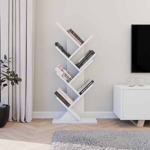 ComfortCove Baum Bücherregal, Schreibtisch Bücherregal, Bodenstehendes Bücherregal, Lagerregal für Wohnzimmer, Heimbüro, Schlafzimmer oder Küche, 7 Regale, Weiß von ComfortCove