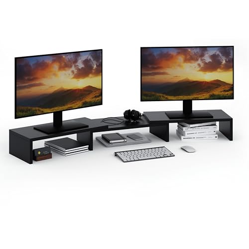 ComfortCove Dual Monitor Stand Riser, Monitorständer, Laptopständer, Schreibtisch-Organisator, Computerständer, 3 Regale, verstellbare Länge, ideal für Ihr Home Office, Schwarz von ComfortCove