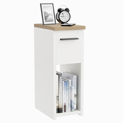 ComfortCove Nachttisch, Nachtschrank, Nachtkästchen, schmaler Nachttisch, schlanker Beistelltisch mit Ablagefach und Griff, Weiß/Eiche. Größe: B20 x H55 x T30,5 cm ComfortCove Nachttisch, Nachtschrank, Nachtkästchen, schmaler Nachttisch, schlanker Beistelltisch mit Ablagefach und Griff, Weiß/Eiche. Größe: B20 x H55 x T30,5 cm von ComfortCove