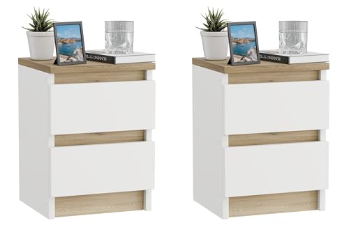 ComfortCove Nachttisch 2er Set, Nachtschrank 2er Set, Weiße Nachttische mit 2 Schubladen, Nachtkästchen, Nachttisch Weiß/Eiche von ComfortCove