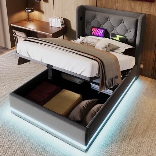 ComfortXL Doppelbett mit Stauraum, 90 x 200 cm – graues Bettkasten aus Baumwollstoff, gepolstertes Kopfteil mit USB Typ-C-Anschlüssen, LED-Beleuchtung 3 Seiten, Matratze inklusive von ComfortXL