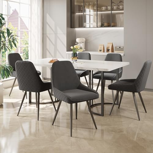 ComfortXL Essgruppe (7-TLG), 140x80cm Esstisch mit 6 Stühlen Set, Moderner Küchentisch Set, MDF Tischplatte in Weißer, Esszimmerstühle in modernem Design mit Rückenlehne(Dunkelgrau von ComfortXL