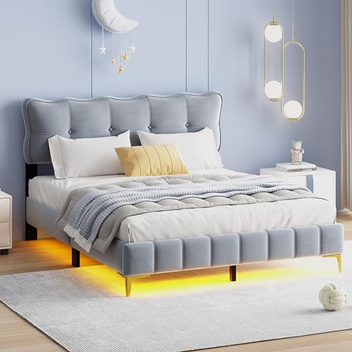 ComfortXL Gepolstertes Bett 160 x 200 cm, Jugendbett, Doppelbett mit LED-Leuchten mit Rückenlehne und Lattenrost, Samt, hohe Metallfüße, Grau (Matratze nicht im Lieferumfang enthalten) von ComfortXL
