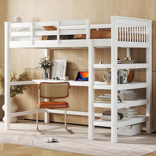 ComfortXL Hochbett, 90 x 200,Kinderhochbett mit Ablagefächern und Unterbettschreibtisch,Ohne Matratze, Weiß von ComfortXL