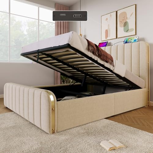 ComfortXL Polsterbett Doppeltes, gepolstertes Kopfteil mit goldenen Zierstreifen und,USB Typ-C Ladefunktion 160 * 200 cm, Beige Leinen-Material Hydraulisches Lagerbett,Belastbarkeit ComfortXL Polsterbett Doppeltes, gepolstertes Kopfteil mit goldenen Zierstreifen und,USB Typ-C Ladefunktion 160 * 200 cm, Beige Leinen-Material Hydraulisches Lagerbett,Belastbarkeit von ComfortXL