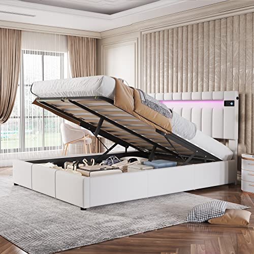 Polsterbett 140x200 mit LED-Lichtstreifen, Bluetooth-Player und USB-Aufladung, Hydraulisches Klappbett mit Aufbewahrung aus Samtstoff Beige, Lattenrost und Bett für Erwachsene und Jugendliche von ComfortXL