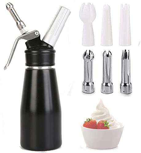 Comforty Sahnespender-Edelstahl 250ML,Edelstahl Sahnesyphon mit 6 Dekorations-Düsen und 1 Reinigungsbürsten, Edelstahl Sahnespender für Cremes Soßen, 250 Ml Schwarz von Comforty