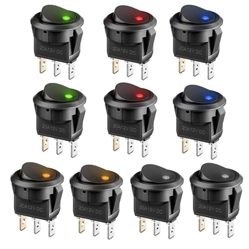 Schalter-Set 10x – 12V 3-polige Kipp-/Wippschalter | 5 LED-Farben, IP67, 20A DC | Kupferanschlüsse + TÜV von Comforty