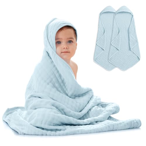 Comfy Cubs 2er-Pack Baby-Kapuzenhandtücher aus 9-lagiger Musselin-Baumwolle, groß (32 x 32 Zoll), ultraweich, warm und saugfähig. Süße Unisex-Badetücher für Mädchen und Jungen (2er-Pack, Himmelblau) von Comfy Cubs