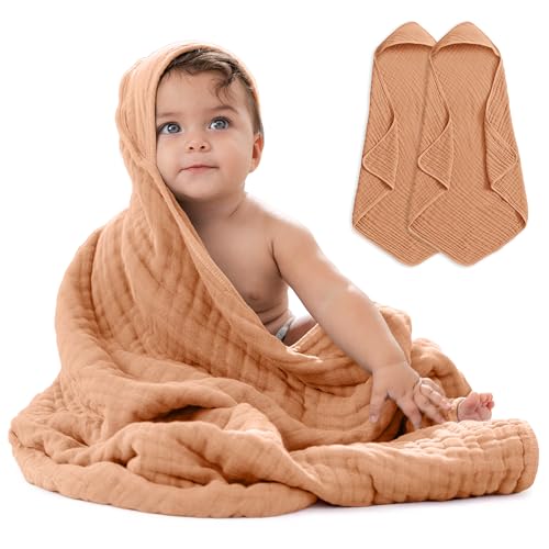 Comfy Cubs 2er-Pack Baby-Kapuzenhandtücher aus 9-lagiger Musselin-Baumwolle, groß (32 x 32 Zoll), ultraweich, warm und saugfähig. Süße Unisex-Badetücher für Mädchen und Jungen (2er-Pack, Karamell) von Comfy Cubs