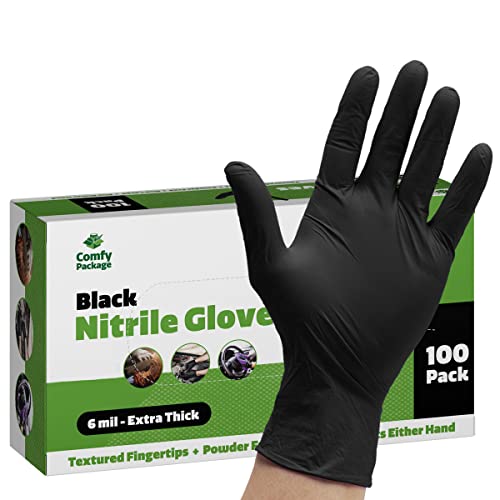 [100 Count] Black Nitrile Disposable Gloves 6 Mil. Extra Strength Latex & Powder Free, Chemical Resistance,Textured Fingertips Gloves - L von Comfy Package