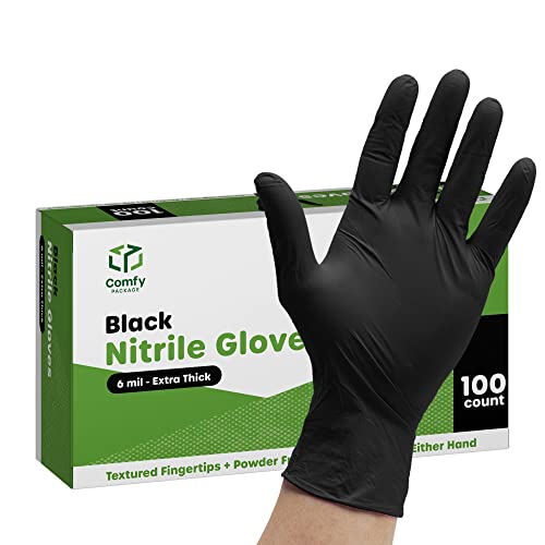 [100 Count] Black Nitrile Disposable Gloves 6 Mil. Extra Strength Latex & Powder Free, Chemical Resistance,Textured Fingertips Gloves - M von Comfy Package