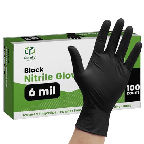 [100 Count] Black Nitrile Disposable Gloves 6 Mil. Extra Strength Latex & Powder Free, Chemical Resistance,Textured Fingertips Gloves - S von Comfy Package
