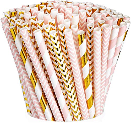 [200er Packung] Pink & Gold Papier Trinkhalme 100% biologisch abbaubare Multi-Pattern Party Strohhalme… von Comfy Package